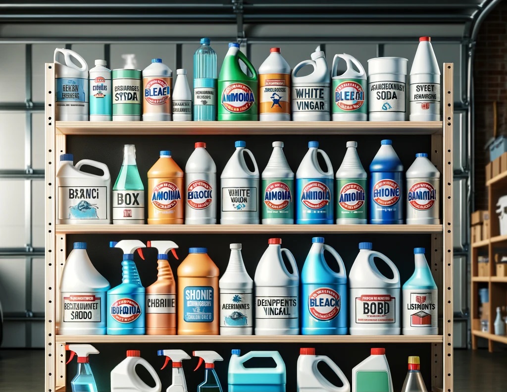 A neatly arranged shelf in a garage featuring labeled containers of essential household chemicals like bleach, ammonia, and baking soda.