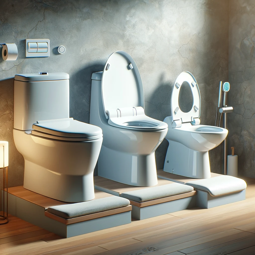 Various toilet seat options in a modern bathroom, including a cushioned seat riser and bidet toilet.