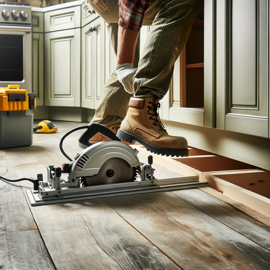 A toe-kick saw cutting near kitchen cabinets to remove subflooring.