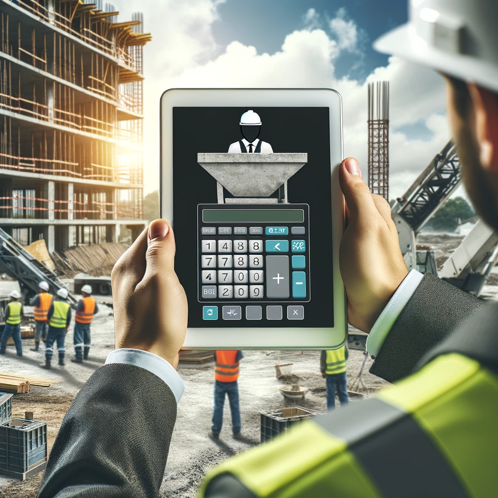 Construction foreman holding a tablet showcasing a Concrete Volume Calculator app with a busy construction site in the background.