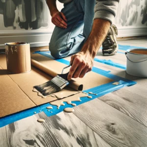 A DIYer laying down drop cloths and cardboard to protect flooring from paint.