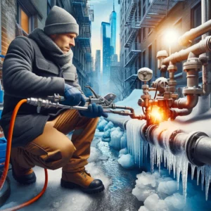 A professional plumber using advanced tools to thaw frozen pipes.