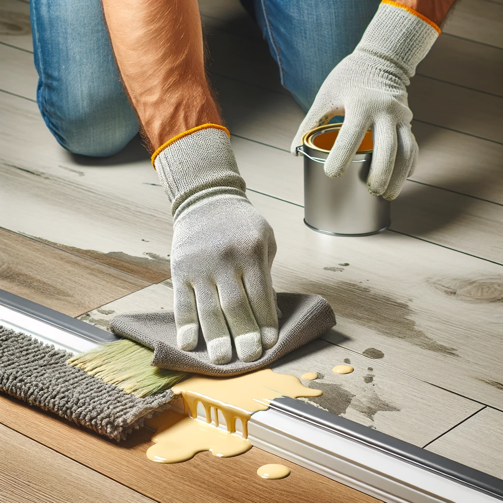 A DIY enthusiast gently dabbing fresh paint off textured LVP flooring with a damp cloth.