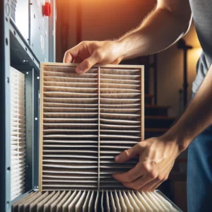 A person changing air filters in a home HVAC system.