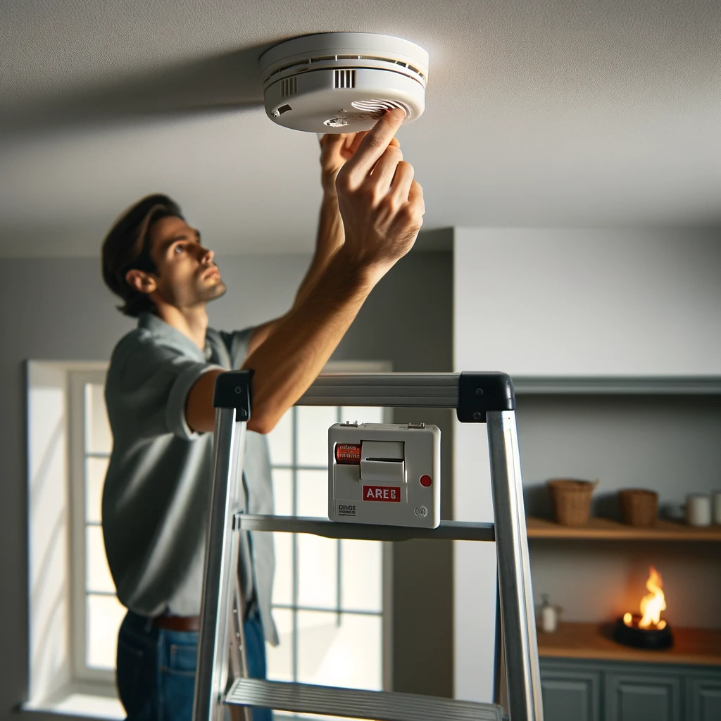 A person changing batteries in a smoke detector at home.