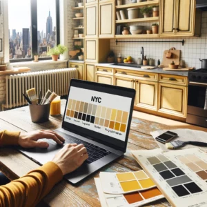 A person in a NYC apartment kitchen researching cabinet glazes on a laptop, with yellow oak cabinets and paint samples in the background.