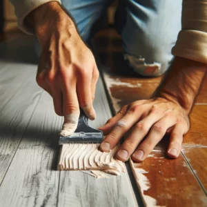 A person gently scraping dry paint from LVP flooring with a plastic putty knife.