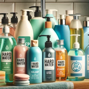 A display of various shower gels and cleaners suitable for hard water, neatly arranged on a shelf.