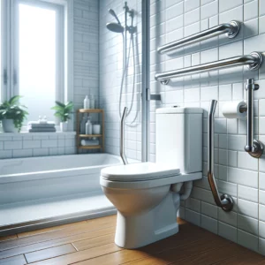 Sturdy grab bars installed on both sides of a toilet and near a shower.