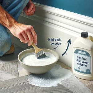 A DIYer mixing a mild dish soap solution to clean stubborn paint splatters on flooring.