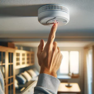 A person testing the functionality of a smoke detector.