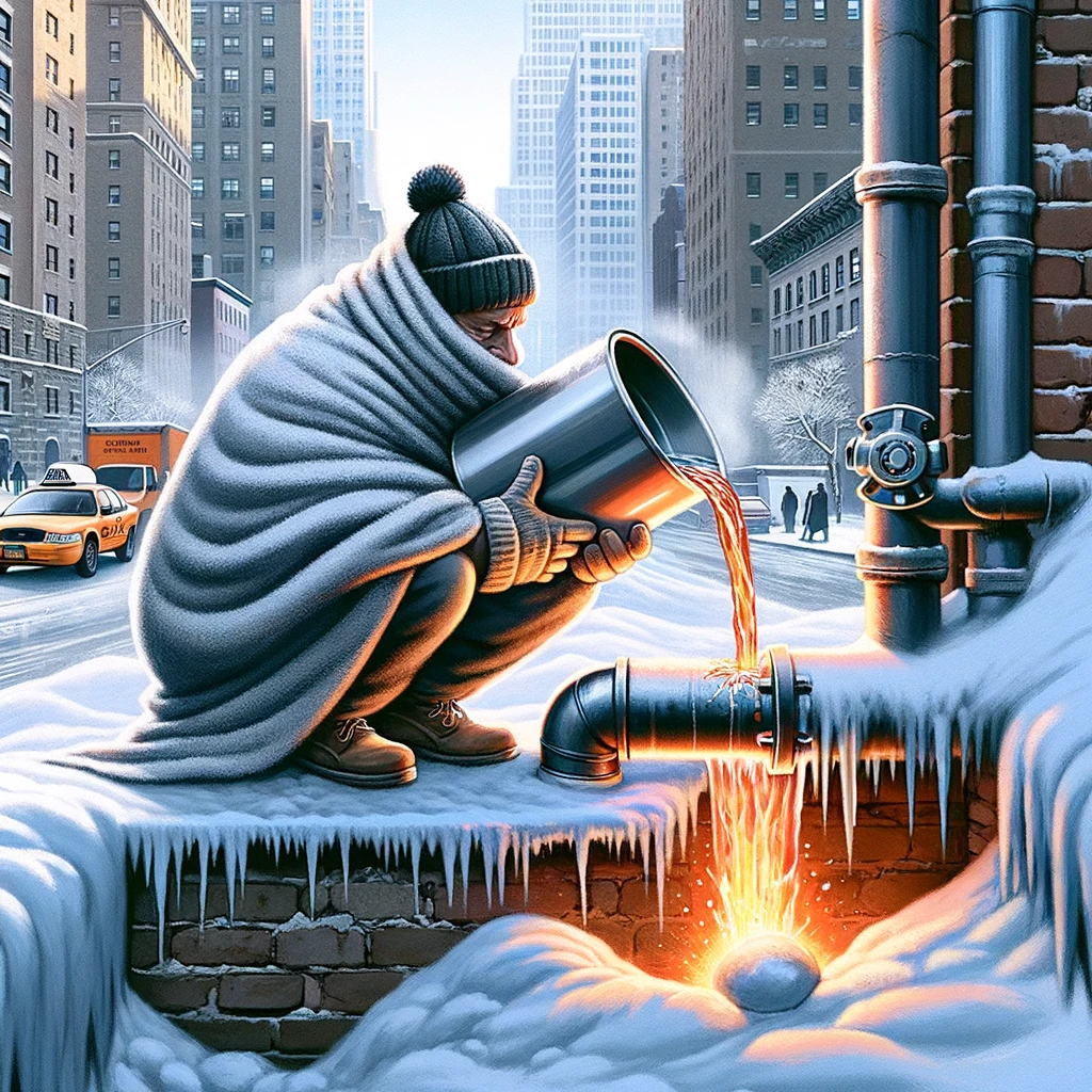 A New Yorker wrapping a frozen pipe with a hot water-soaked towel.