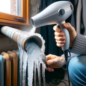 A person using a hairdryer to thaw a frozen pipe at home.