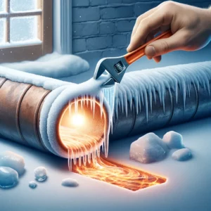 A heated pipe wrap being applied to a frozen pipe.