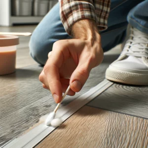 A homeowner applying latex paint remover to a dry paint splatter on flooring.