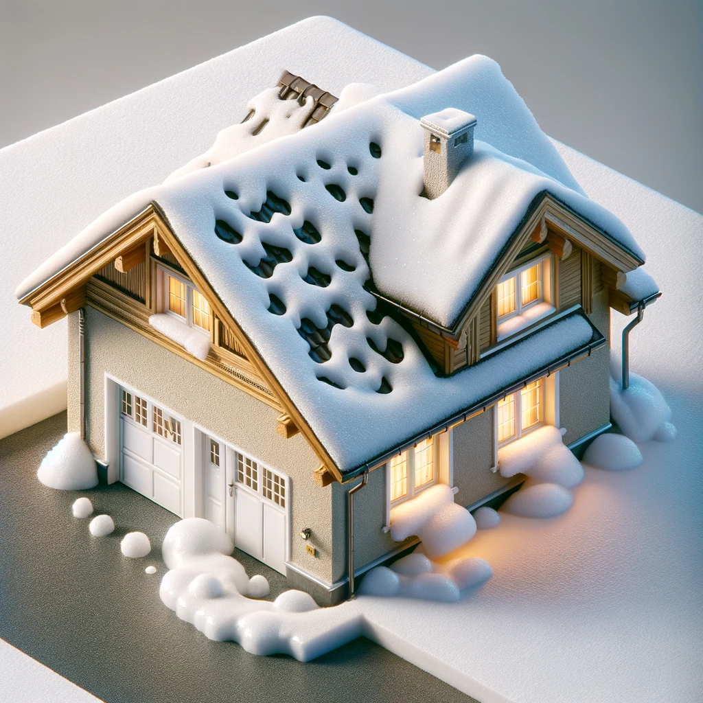 A house in winter with uneven snow on the roof indicating possible insulation issues.