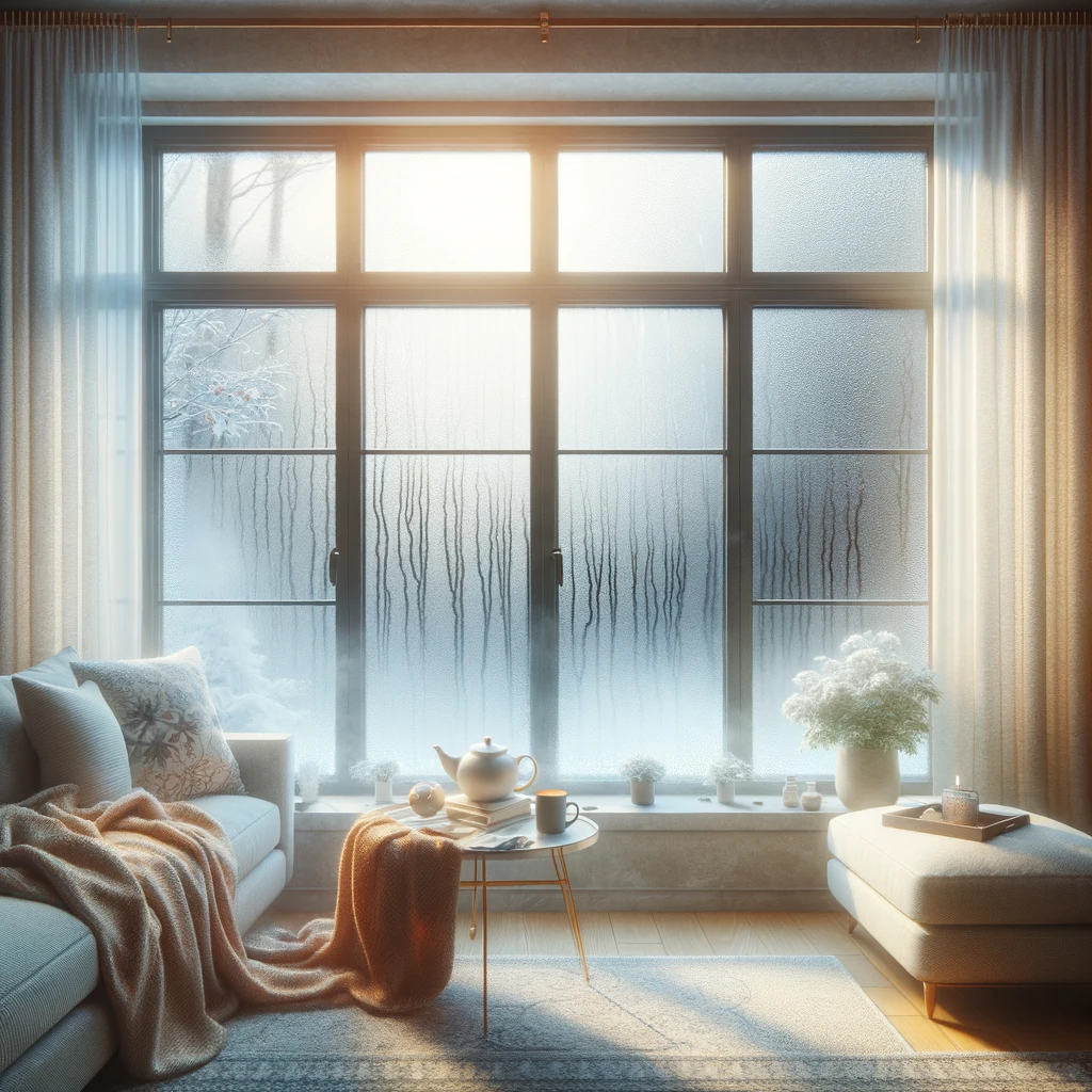 Interior view of a residential window with condensation, indicating possible poor insulation during a cold winter day.