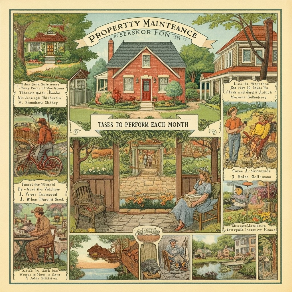 A vintage-style illustration showing various home maintenance tasks for different seasons, like raking leaves, mowing the lawn, and cleaning gutters.