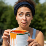 Person holding paint can with puzzled expression