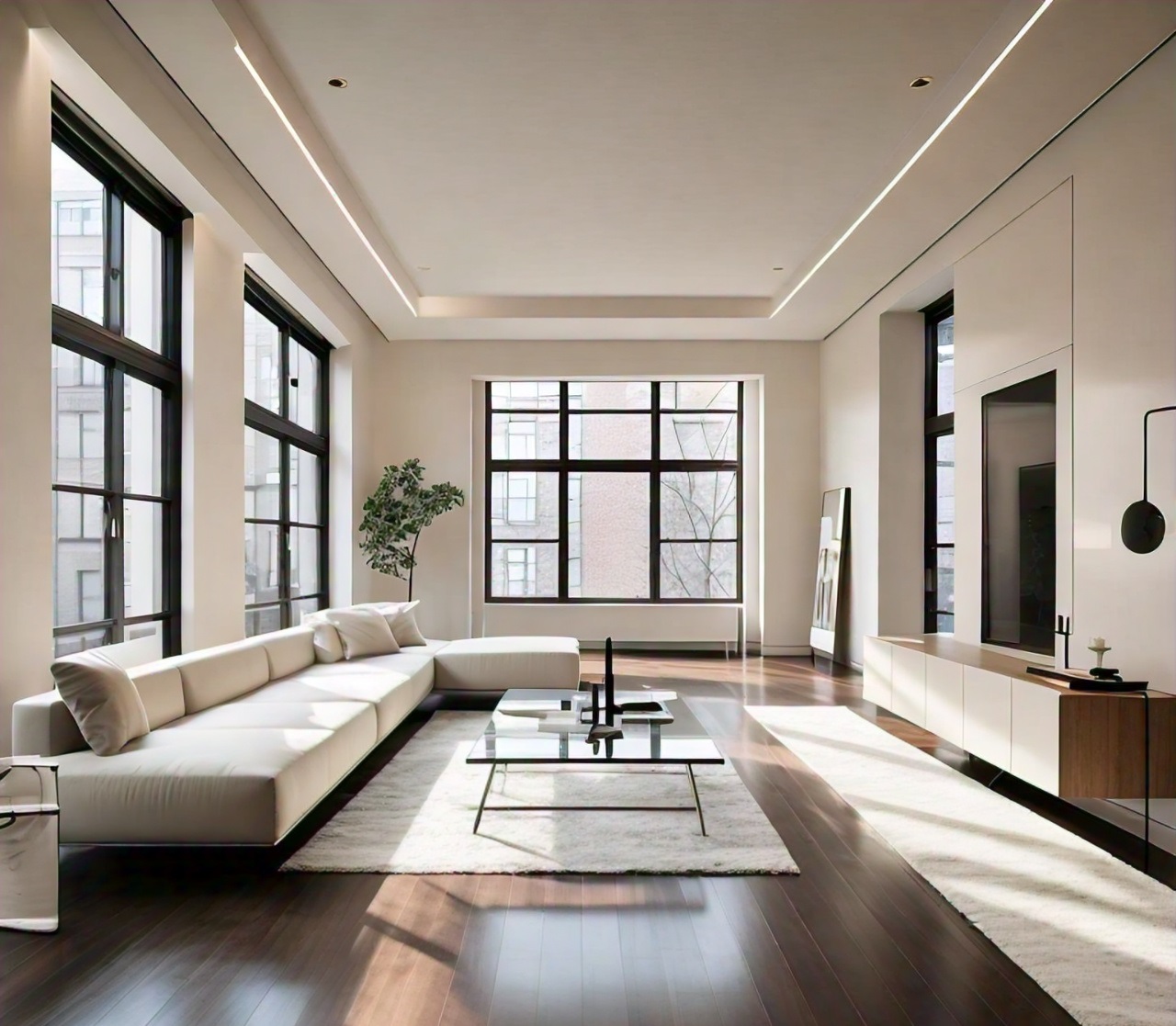 A bright and spacious living room with large windows, a white sectional sofa, and a minimalist design aesthetic.