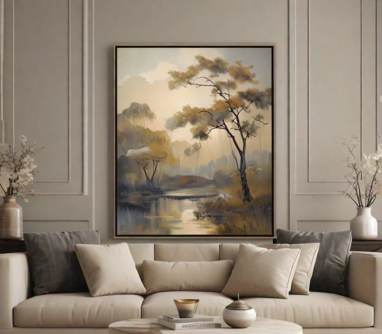 A serene landscape painting in a living room.