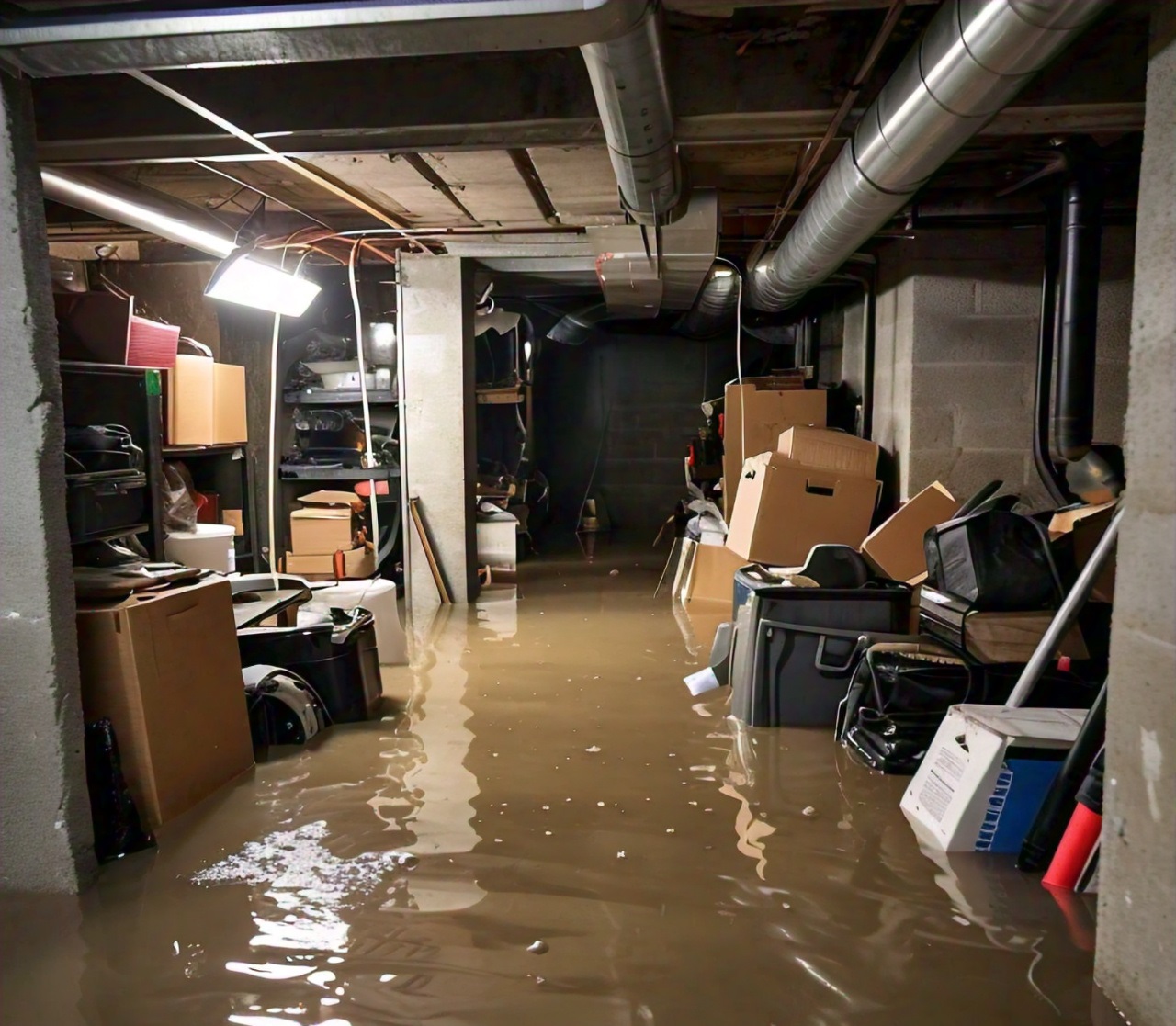 A flooded basement with visible water damage on the walls, floor, and furniture.