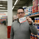 Person holding coupon with paint store background