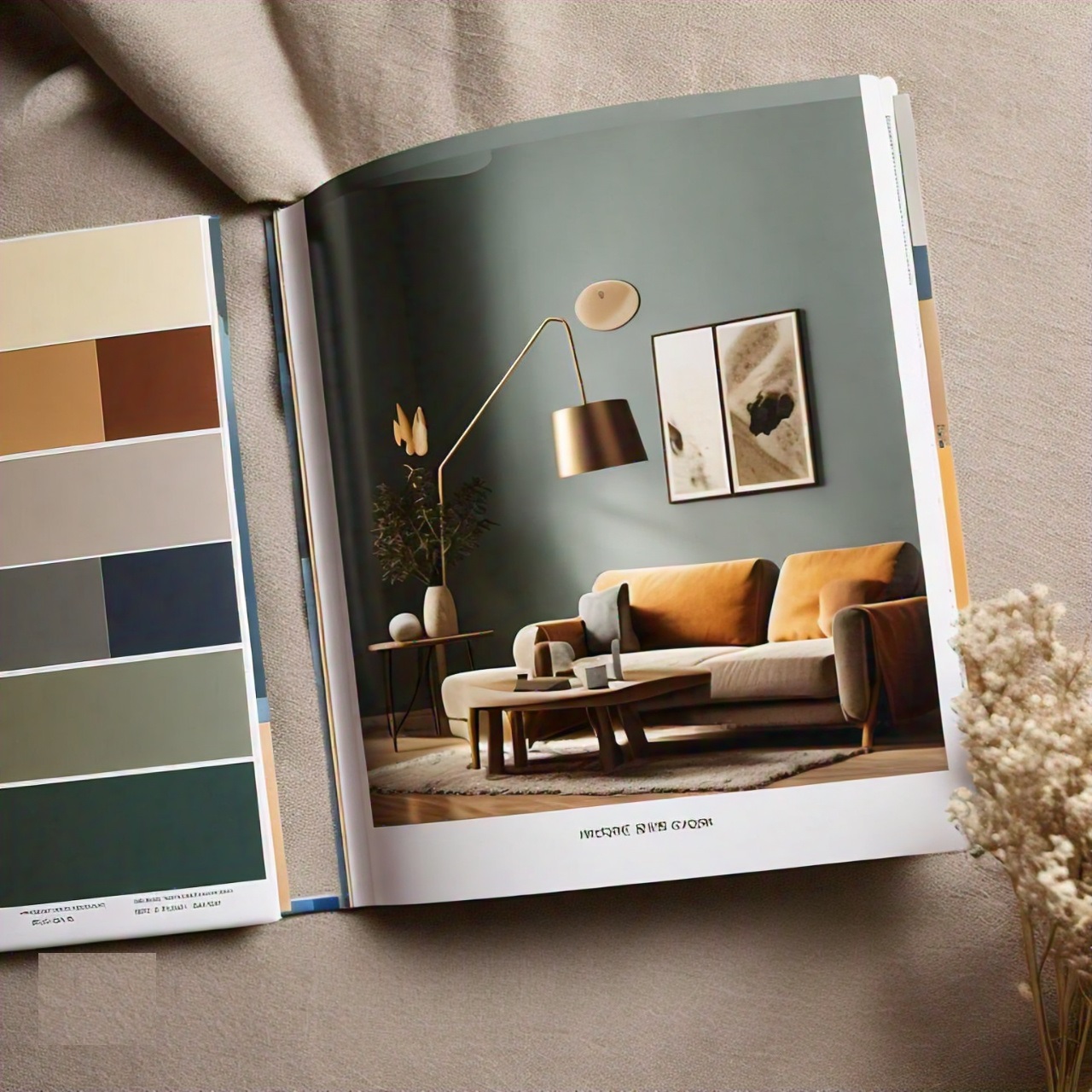 An open paint color catalog featuring a living room scene with a teal accent wall, a mustard yellow sofa, and a color palette.