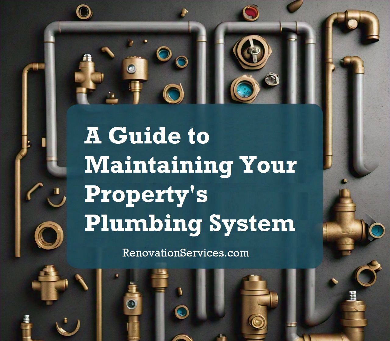 An assortment of pipes, valves, and fittings arranged on a dark background, representing the components of a plumbing system.