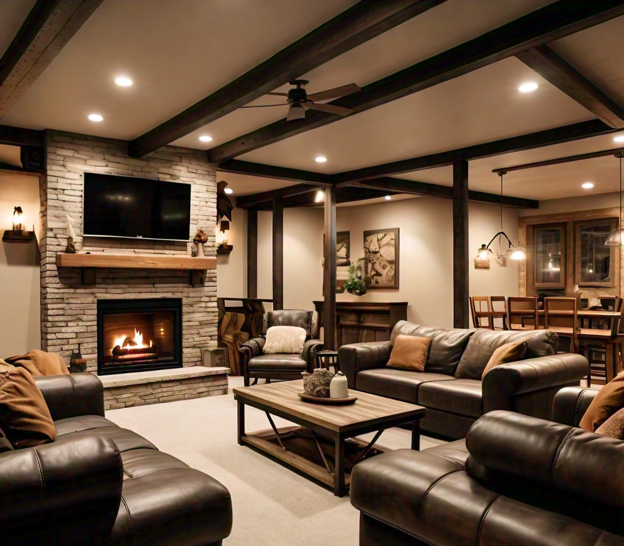 A finished basement with exposed brick, dark ceiling beams, and a mix of comfortable furniture arranged for both relaxation and dining.