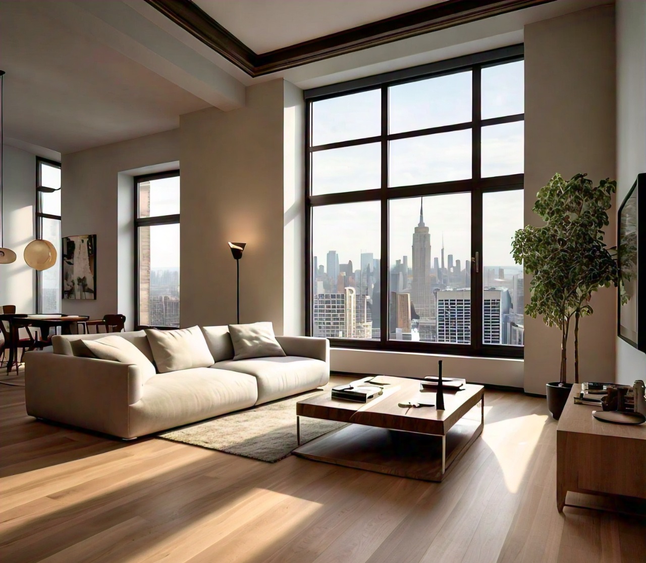 A sun-drenched living room with wide-plank hardwood floors, a minimalist sofa, and floor-to-ceiling windows offering panoramic views of the New York City skyline.