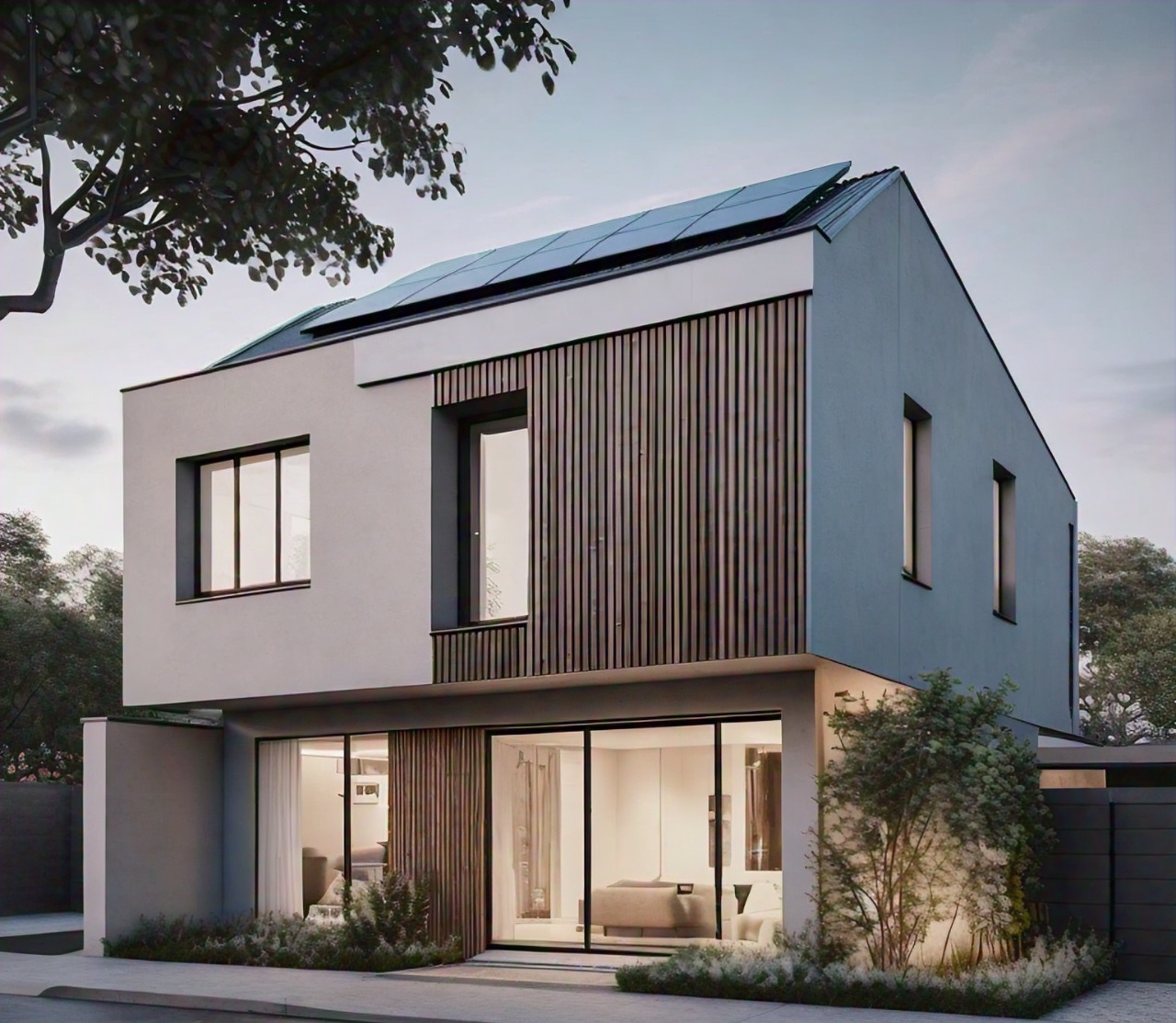 A modern two-story house with a gray facade, wood accents, and solar panels on the roof.