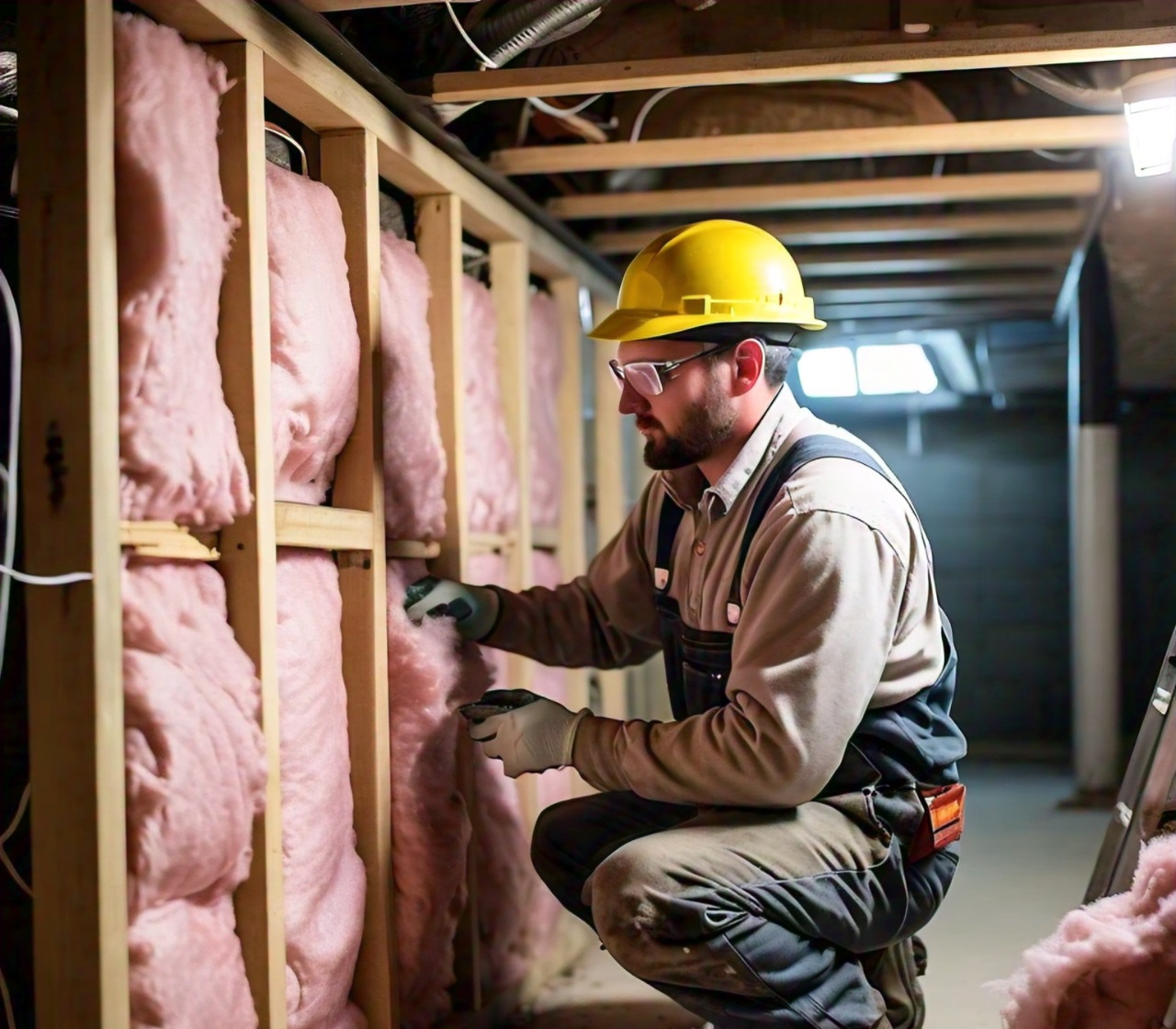 Basement wall insulation being installed between wooden studs.