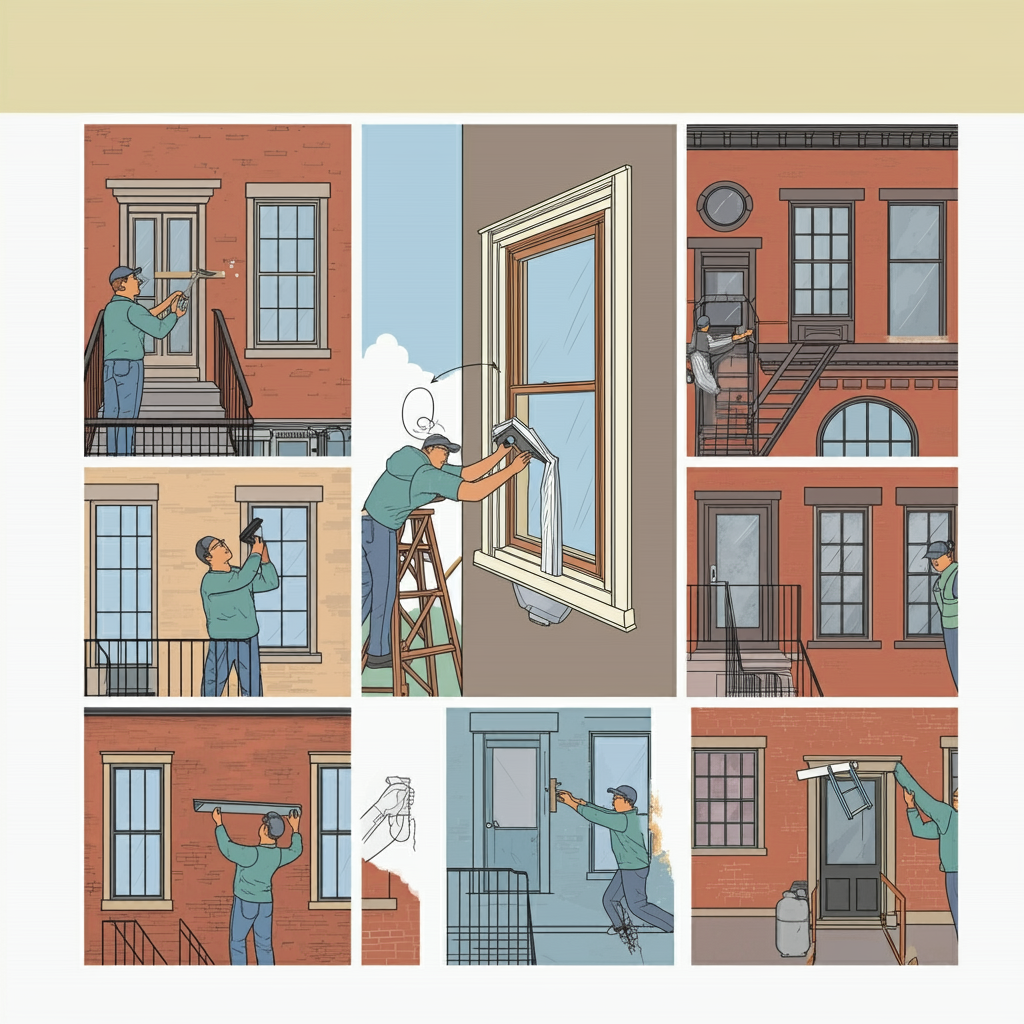 An illustration showing the step-by-step process of fixing a drafty window, including removing trim, applying expanding foam, and replacing trim.