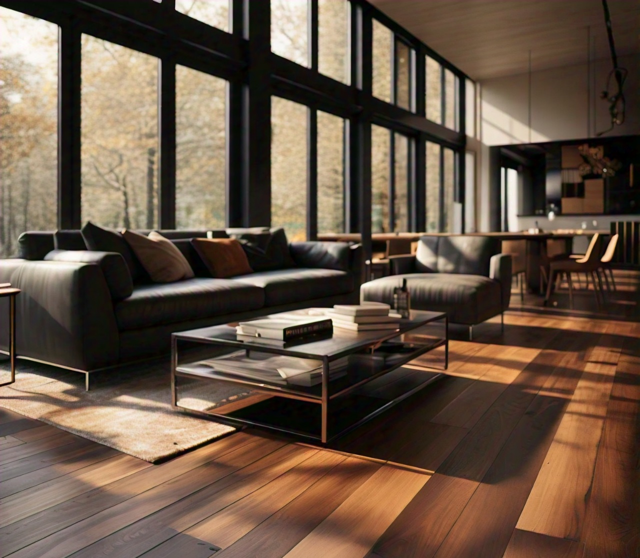 A modern living room with hardwood floors, a large black couch, and floor-to-ceiling windows overlooking a forest.