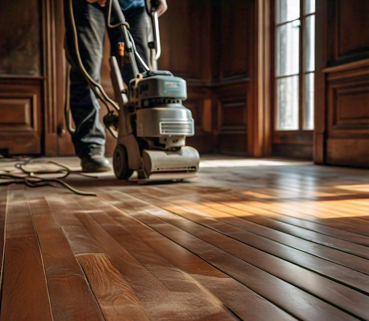 A worker uses a sanding machine to refinish a hardwood floor in a room with natural light streaming in from a window.