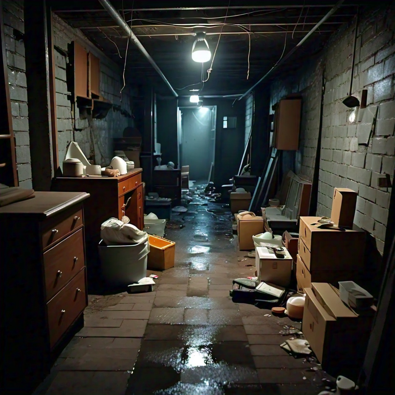 A dimly lit, cluttered basement with exposed pipes and signs of water damage.