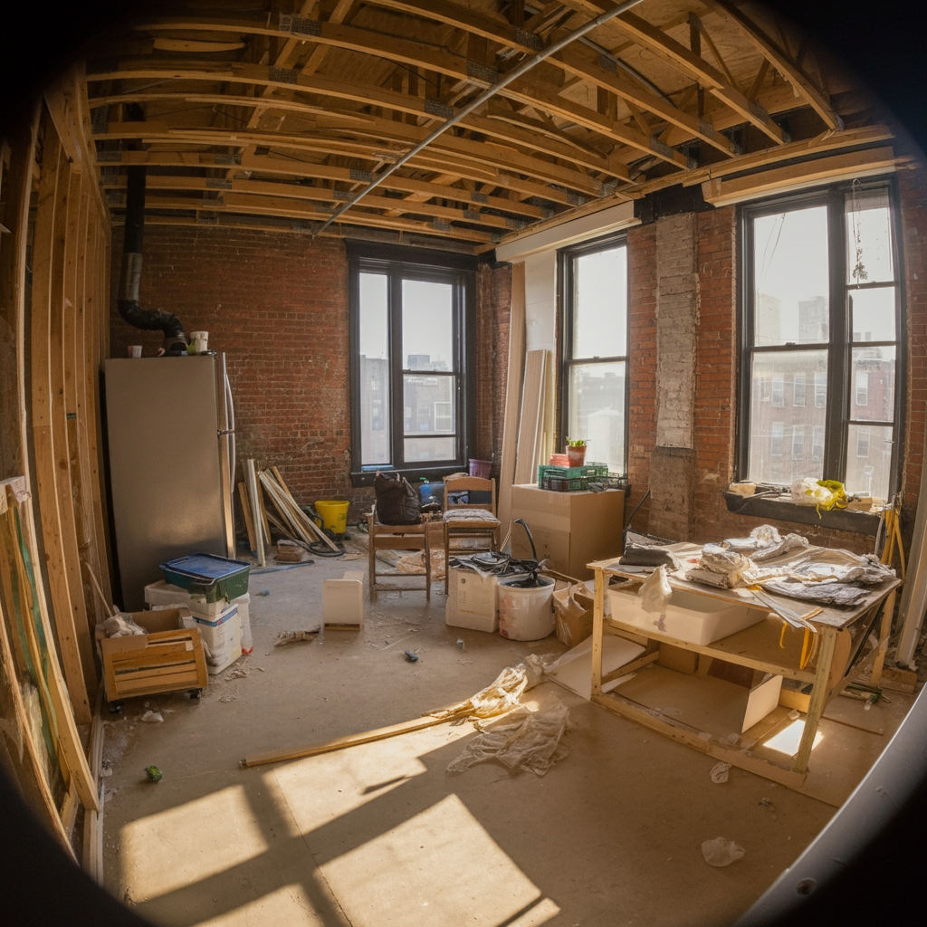 Sunlight streams into a spacious, open-plan room in a New York Borough apartment undergoing renovation. Exposed brick walls and ceiling beams contrast with new windows and freshly painted surfaces.