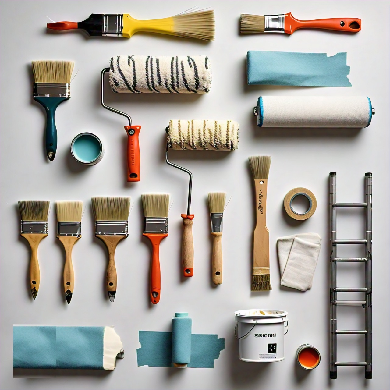 A flat lay of various painting tools on a white surface, including paintbrushes, rollers, paint trays, a ladder, and masking tape.