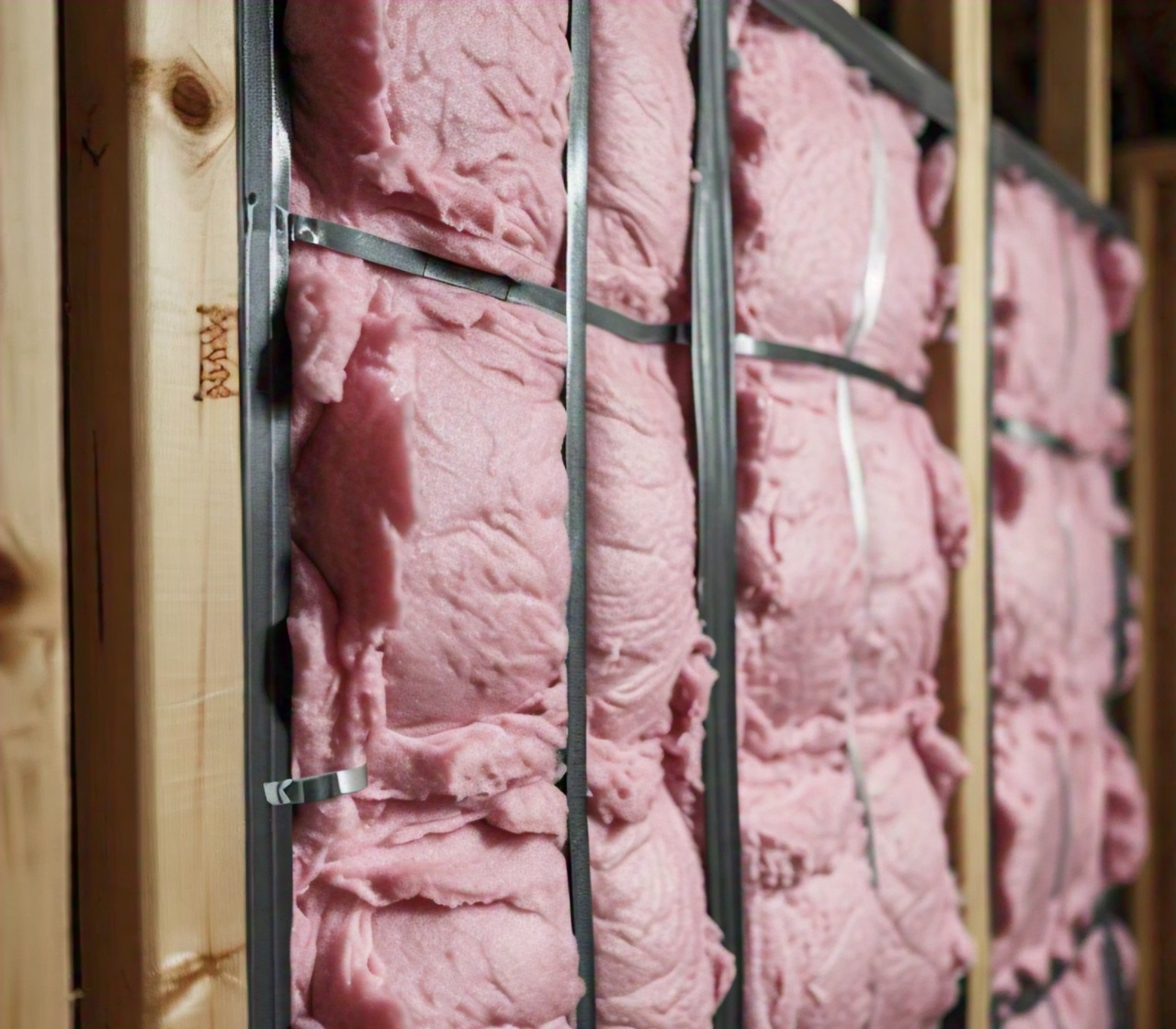 Pink fiberglass insulation batts being installed in a wall frame during a home renovation project.