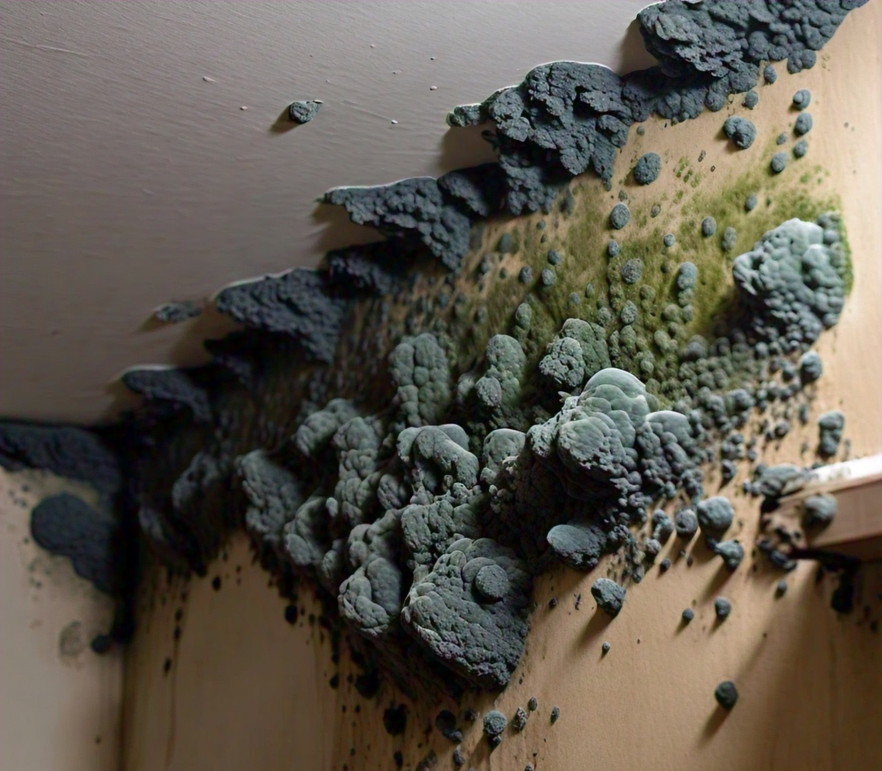 A close-up of severe black mold infestation on a basement ceiling and wall.