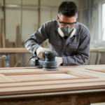 A homeowner wearing protective gear while sanding an interior door.