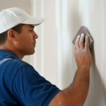 A homeowner wearing protective gear while sanding a wall in preparation for painting.