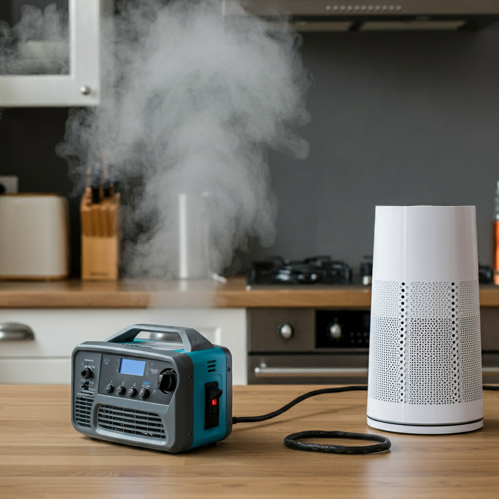 A portable power station powers an air purifier in a smoke-filled kitchen.