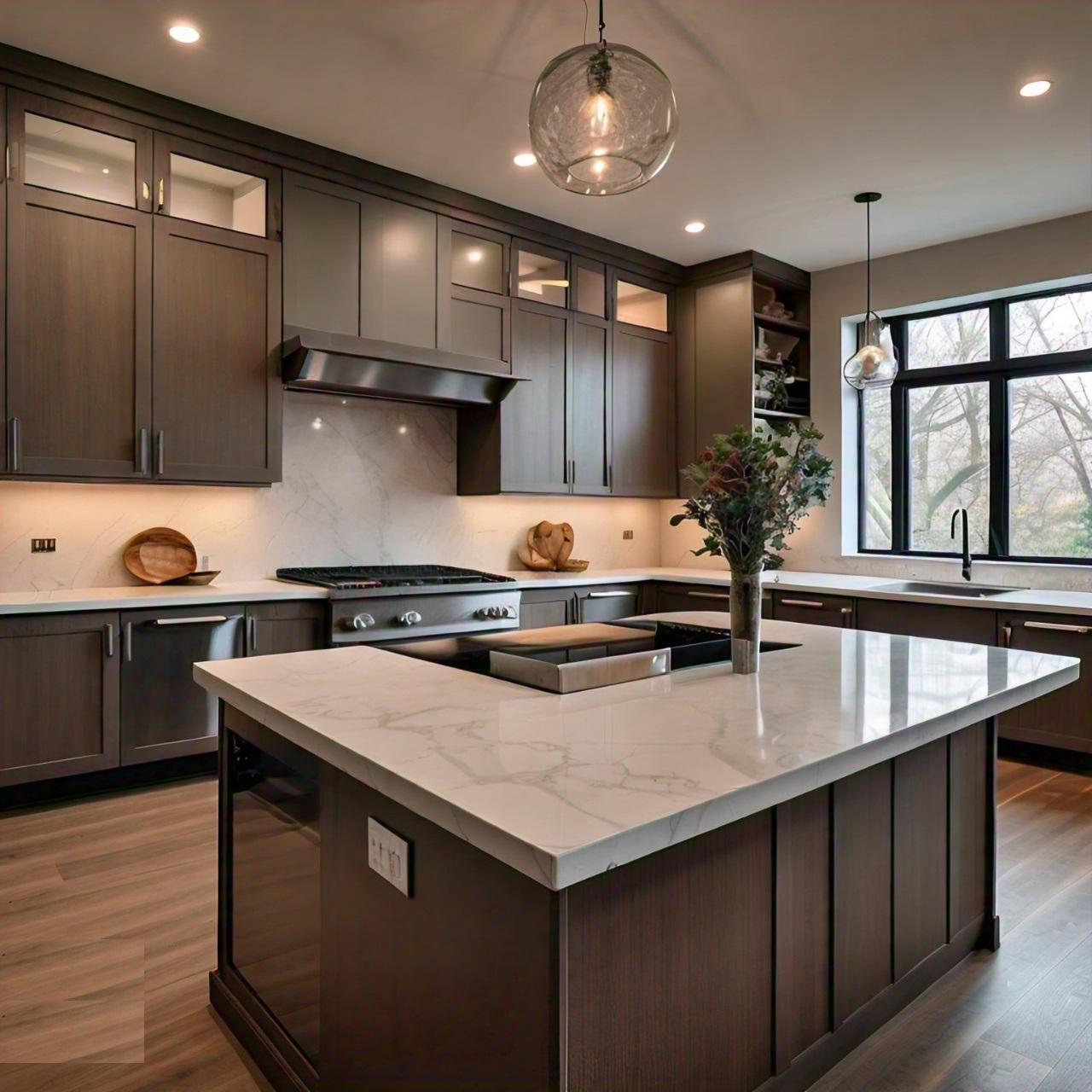 A modern kitchen with dark wood cabinets, a large white island, and stainless steel appliances.