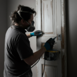 A person using a paint stripper to safely remove old paint from a door.