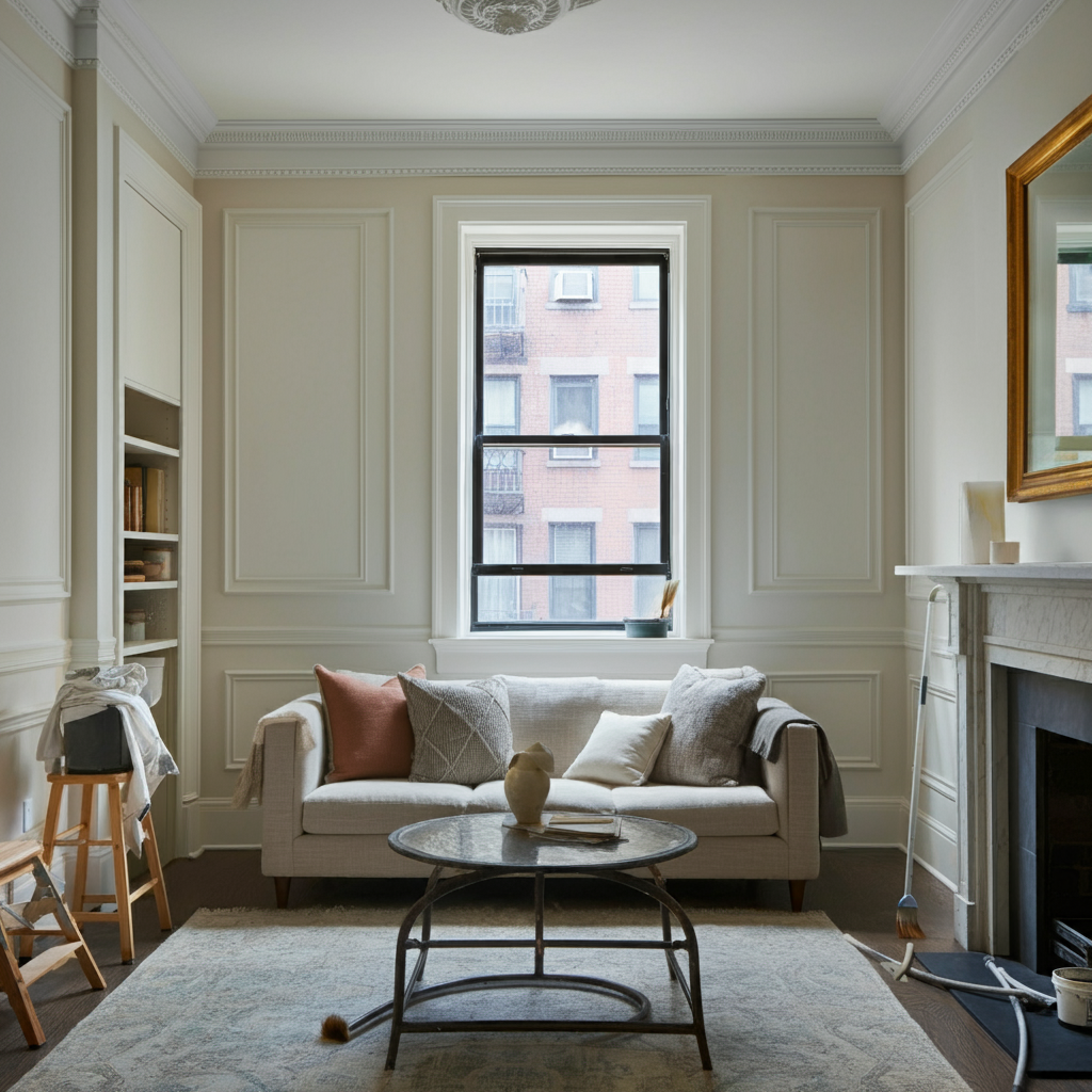 A bright and airy living room with white walls and trim, a beige couch with pillows, a round coffee table, and a fireplace.