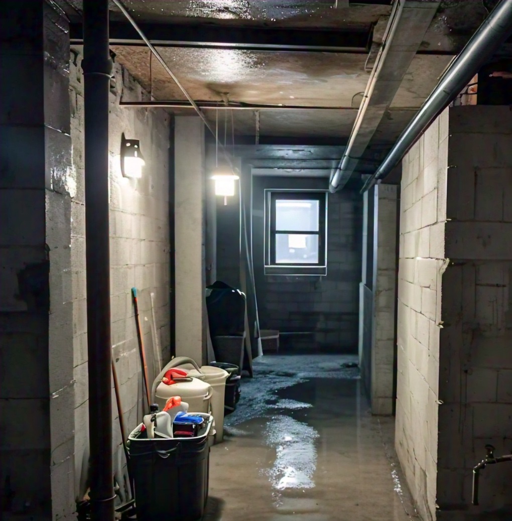 A damp, unfinished basement with visible signs of water damage and a sump pump.