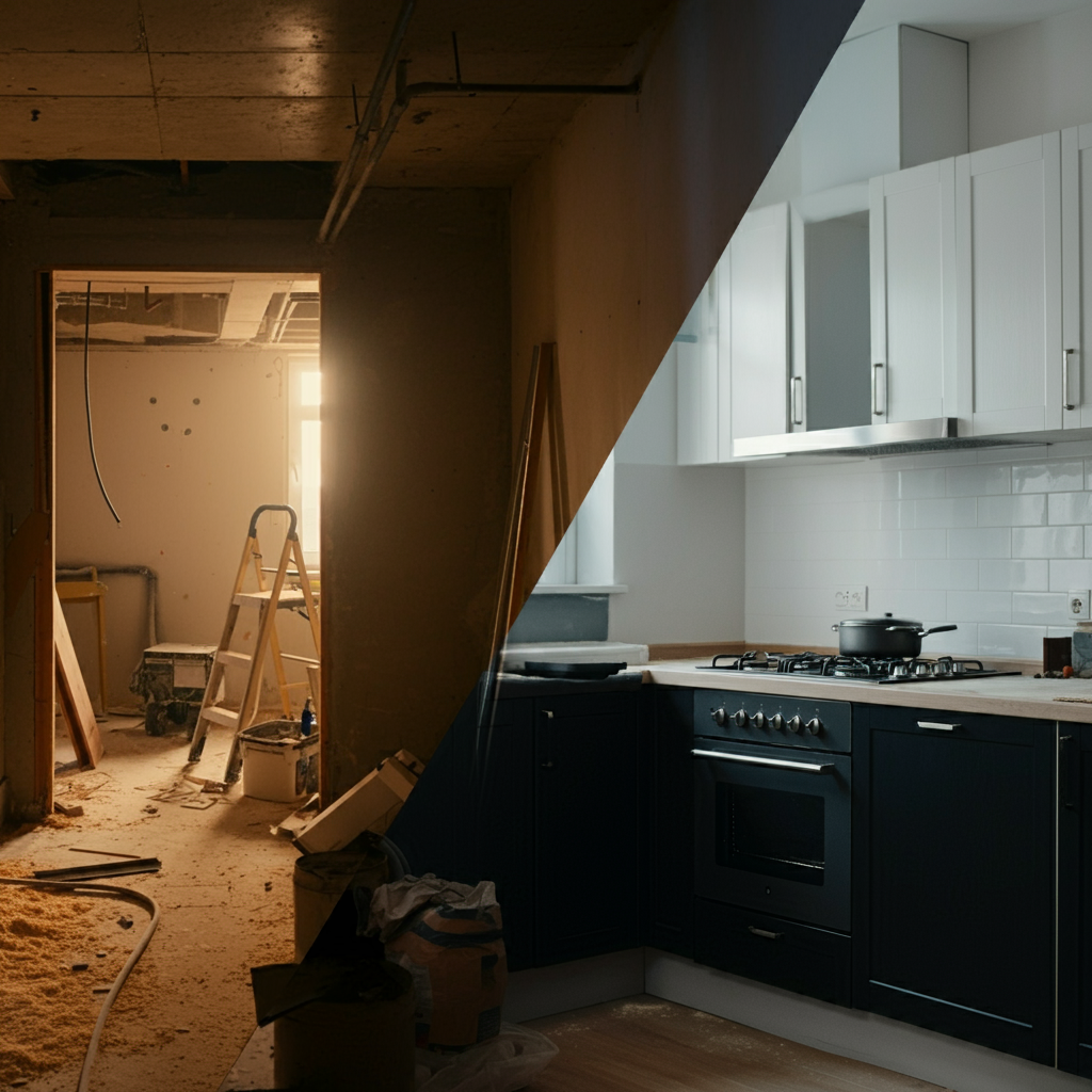 A before-and-after image of a kitchen renovation. The "before" image shows a messy, unfinished space with exposed brick and concrete. The "after" image shows a bright, modern kitchen with white cabinets and black countertops.