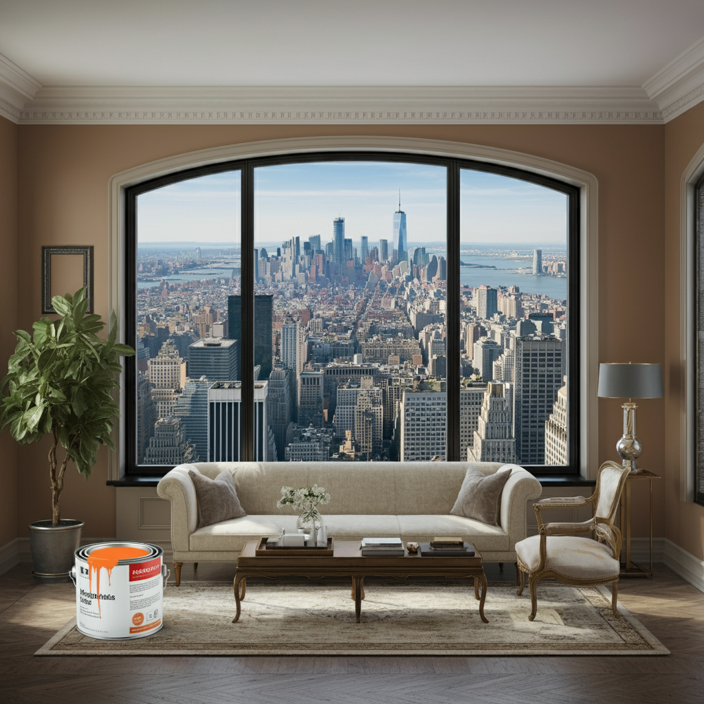 Beautifully painted living room with New York Boroughs city view